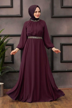 Robe de soirée Hijab - Robe de soirée Hijab prune à manches ballon 5339MU - 1