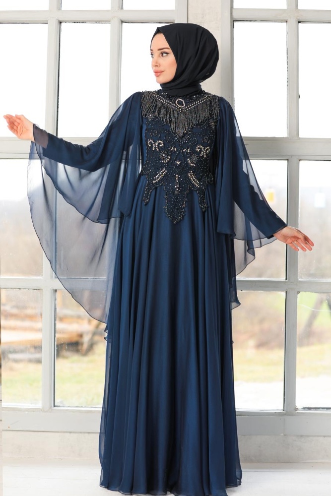 Robe de soirée Hijab - Robe de soirée islamique bleu marine 21970L - 1