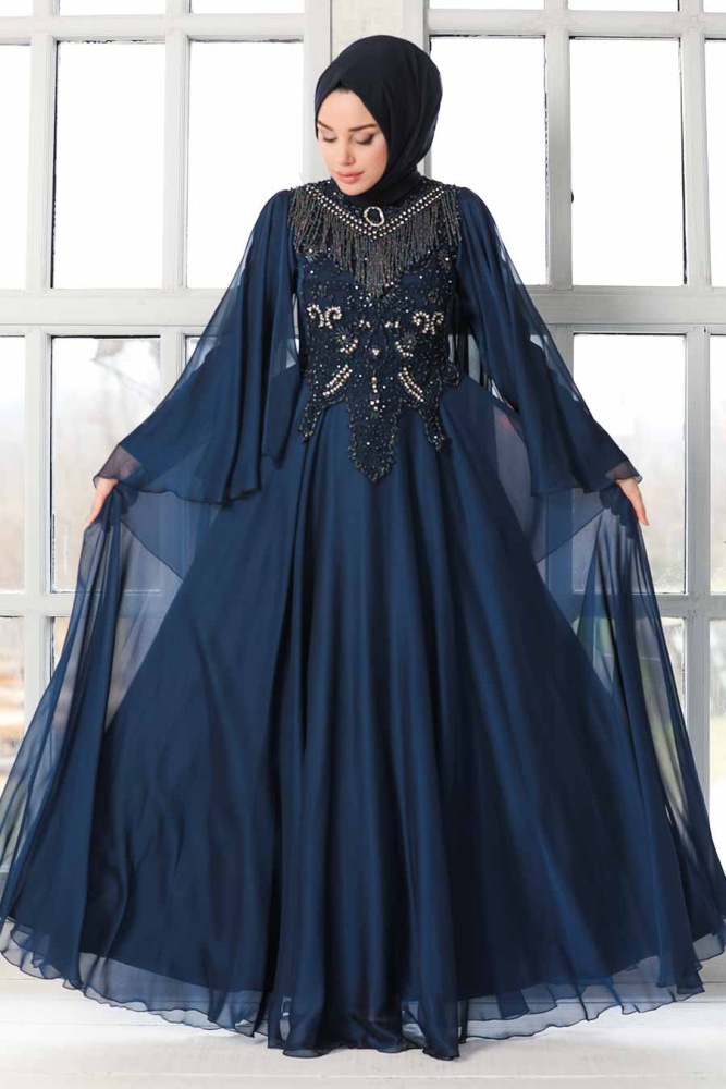 Robe de soirée Hijab - Robe de soirée islamique bleu marine 21970L - 2