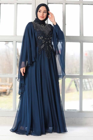 Robe de soirée Hijab - Robe de soirée islamique bleu marine 21970L - 3
