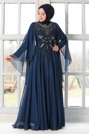 Robe de soirée Hijab - Robe de soirée islamique bleu marine 21970L - 4