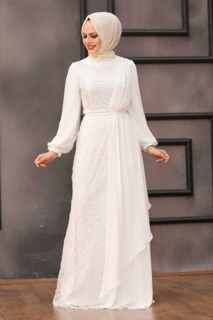 Robe de Soirée Hijab - Robe de Soirée Islamique Ecru 5516E - 2
