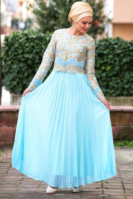 Robe de soirée islamique turquoise 6991TR