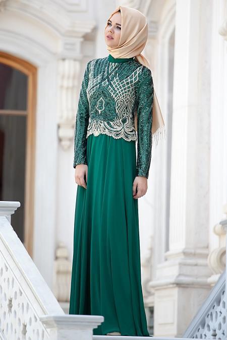 Robe de soirée islamique verte 2185-01Y - 2