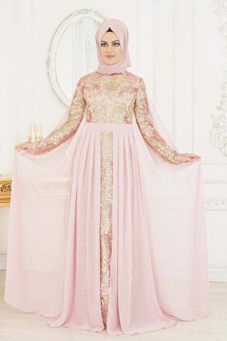 Rose Poudré - Tesettürlü Abiye Elbise- Robe de Soirée 8078PD - 1