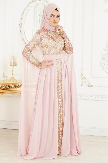 Rose Poudré - Tesettürlü Abiye Elbise- Robe de Soirée 8078PD - 2