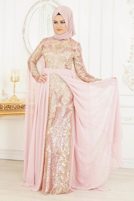 Rose Poudré - Tesettürlü Abiye Elbise- Robe de Soirée 8078PD - 3