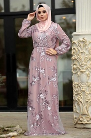 Rose Poudré - Tesettürlü Abiye Elbise - Robe de Soirée Hijab - 11027PD - Thumbnail