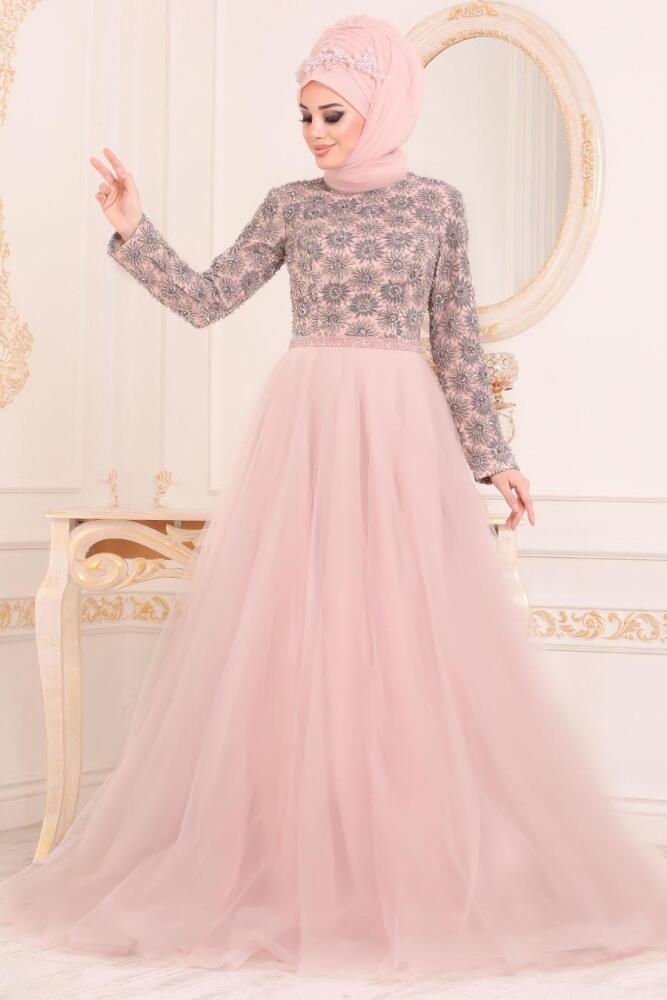 Rose Poudré- Tesettürlü Abiye Elbise - Robe de Soirée Hijab 1833PD - 1