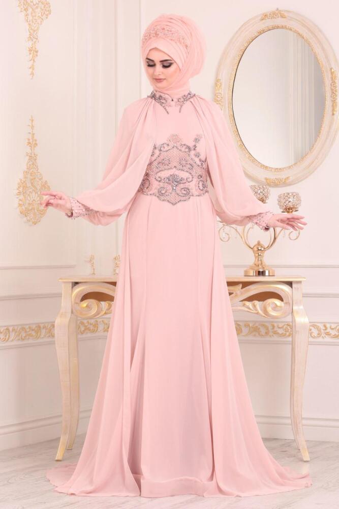 Rose Poudré- Tesettürlü Abiye Elbise - Robe de Soirée Hijab 18630PD - 1