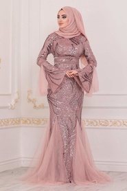 Rose Poudré - Tesettürlü Abiye Elbise - Robe de Soirée Hijab - 22521PD - Thumbnail