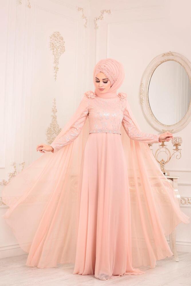 Rose Poudré-Tesettürlü Abiye Elbise - Robe de Soirée Hijab 3285PD - 3