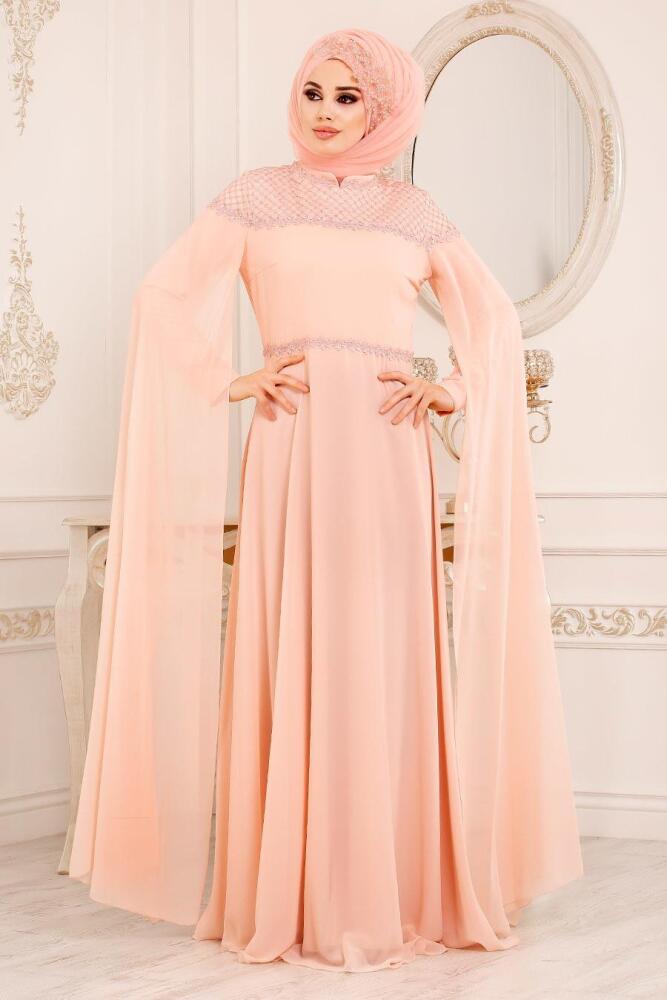 Rose Poudré-Tesettürlü Abiye Elbise - Robe de Soirée Hijab 3294PD - 3