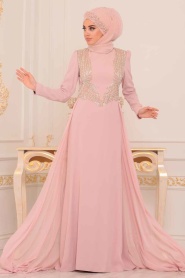 Rose Poudré - Tesettürlü Abiye Elbise - Robe de Soirée Hijab - 3721PD - Thumbnail