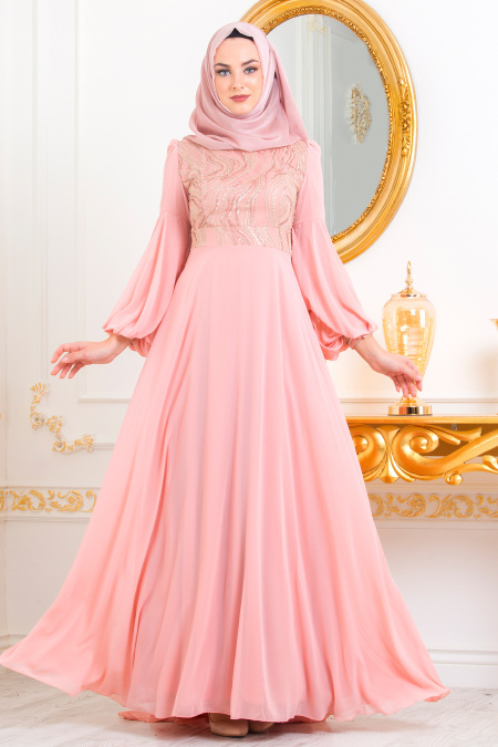 Rose Poudré-Tesettürlü Abiye Elbise - Robe de Soirée Hijab 3726PD