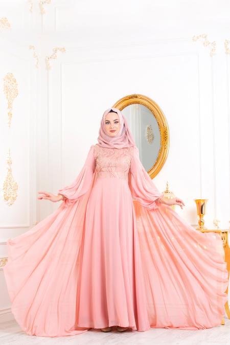 Rose Poudré-Tesettürlü Abiye Elbise - Robe de Soirée Hijab 3726PD - 2