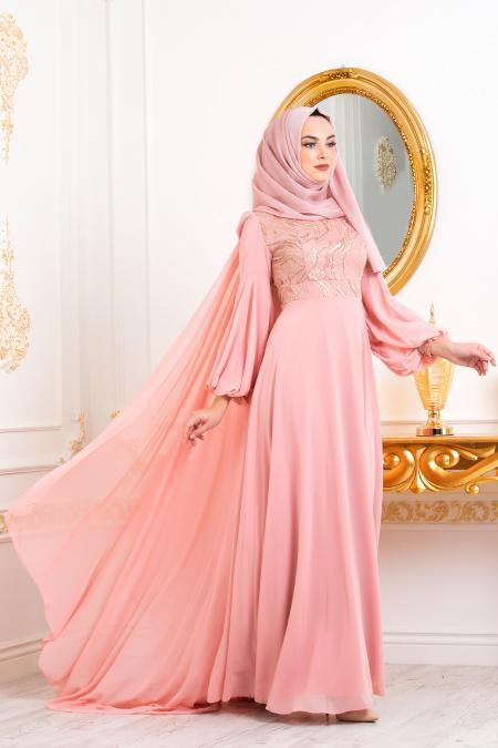 Rose Poudré-Tesettürlü Abiye Elbise - Robe de Soirée Hijab 3726PD - 3