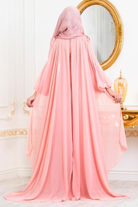 Rose Poudré-Tesettürlü Abiye Elbise - Robe de Soirée Hijab 3726PD - 4