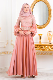 Rose Poudré-Tesettürlü Abiye Elbise - Robe de Soirée Hijab 3731PD - Thumbnail