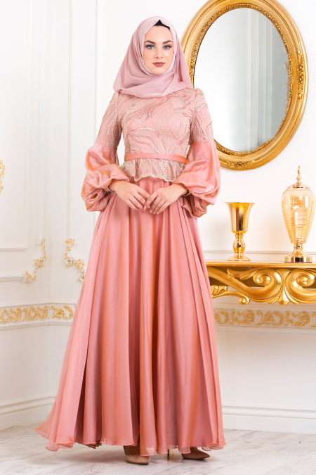 Rose Poudré-Tesettürlü Abiye Elbise - Robe de Soirée Hijab 3731PD