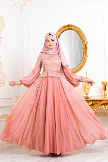 Rose Poudré-Tesettürlü Abiye Elbise - Robe de Soirée Hijab 3731PD - 2