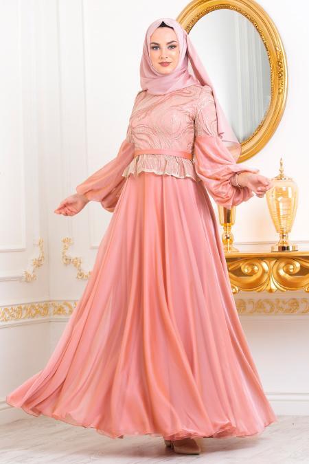 Rose Poudré-Tesettürlü Abiye Elbise - Robe de Soirée Hijab 3731PD - 3