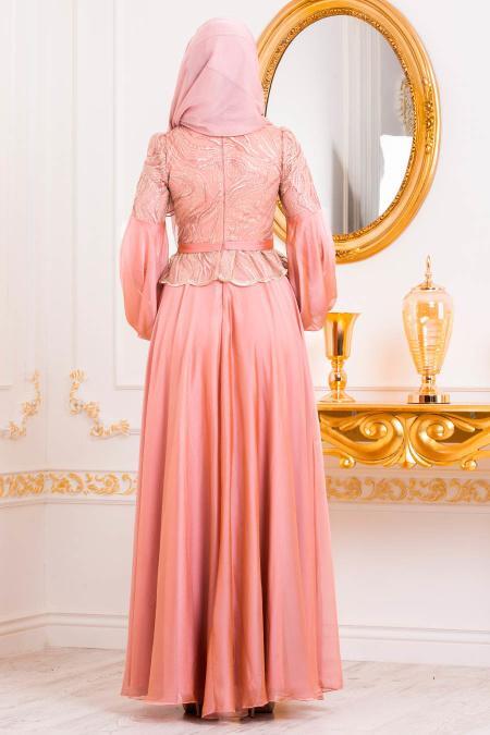 Rose Poudré-Tesettürlü Abiye Elbise - Robe de Soirée Hijab 3731PD - 4