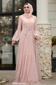 Rose Poudré - Tesettürlü Abiye Elbise - Robe de Soirée Hijab - 38940PD - Thumbnail