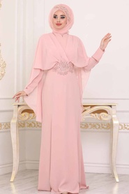 Rose Poudré - Tesettürlü Abiye Elbise - Robe de Soirée Hijab - 39170PD - Thumbnail