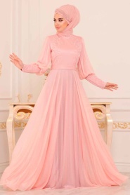 Rose Poudré - Tesettürlü Abiye Elbise - Robe de Soirée Hijab - 39270PD - Thumbnail