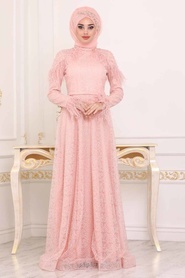 Rose Poudré - Tesettürlü Abiye Elbise - Robe de Soirée Hijab - 3940PD - Thumbnail