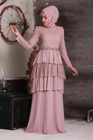 Rose Poudré - Tesettürlü Abiye Elbise - Robe de Soirée Hijab - 39410PD - 1