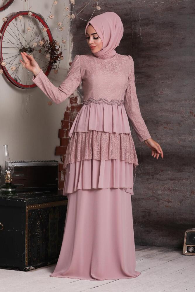 Rose Poudré - Tesettürlü Abiye Elbise - Robe de Soirée Hijab - 39410PD - 1