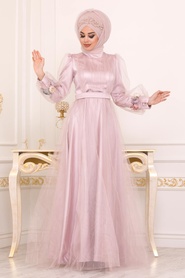 Rose Poudré - Tesettürlü Abiye Elbise - Robe de Soirée Hijab - 3946PD - Thumbnail