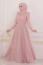 Rose Poudré - Tesettürlü Abiye Elbise - Robe de Soirée Hijab - 40601PD - Thumbnail