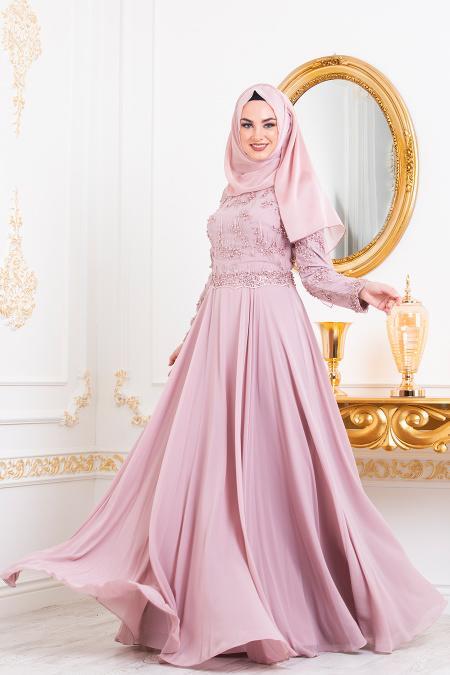 Rose Poudré-Tesettürlü Abiye Elbise - Robe de Soirée Hijab 4572PD - 2