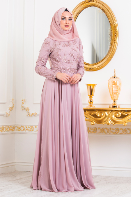 Rose Poudré-Tesettürlü Abiye Elbise - Robe de Soirée Hijab 4572PD