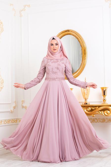 Rose Poudré-Tesettürlü Abiye Elbise - Robe de Soirée Hijab 4572PD - 3