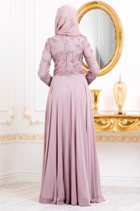 Rose Poudré-Tesettürlü Abiye Elbise - Robe de Soirée Hijab 4572PD - 4