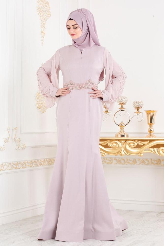Rose Poudré - Tesettürlü Abiye Elbise - Robe de Soirée Hijab 4575PD - 1