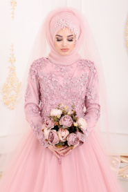 Rose Poudré-Tesettürlü Abiye Elbise -Robe de Soirée Hijab 4702PD - Thumbnail