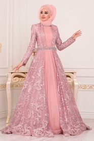 Rose Poudré - Tesettürlü Abiye Elbise - Robe de Soirée Hijab - 47050PD - Thumbnail