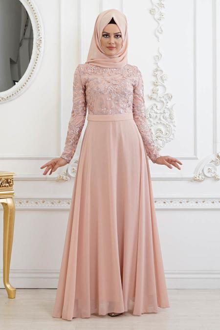 Rose Poudré - Tesettürlü Abiye Elbise - Robe de Soirée Hijab 82221PD - 1