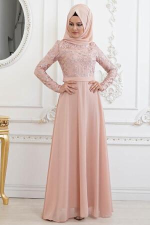 Rose Poudré - Tesettürlü Abiye Elbise - Robe de Soirée Hijab 82221PD - Thumbnail