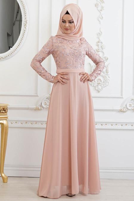 Rose Poudré - Tesettürlü Abiye Elbise - Robe de Soirée Hijab 82221PD - 3