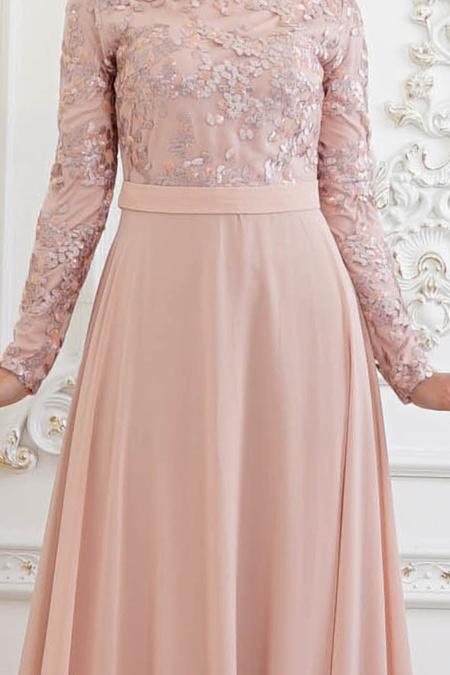 Rose Poudré - Tesettürlü Abiye Elbise - Robe de Soirée Hijab 82221PD - 4