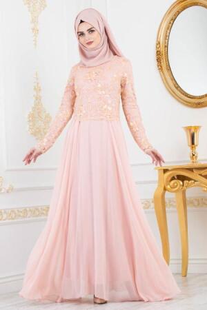 Rose Poudré - Tesettürlü Abiye Elbise - Robe de Soirée Hijab 82380PD - 1