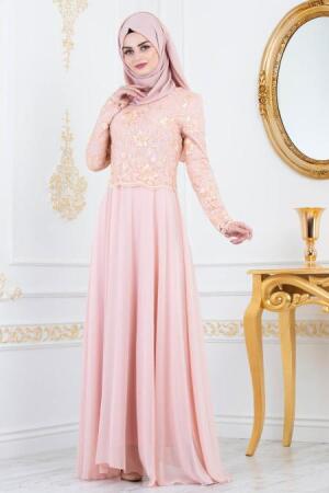 Rose Poudré - Tesettürlü Abiye Elbise - Robe de Soirée Hijab 82380PD - 2