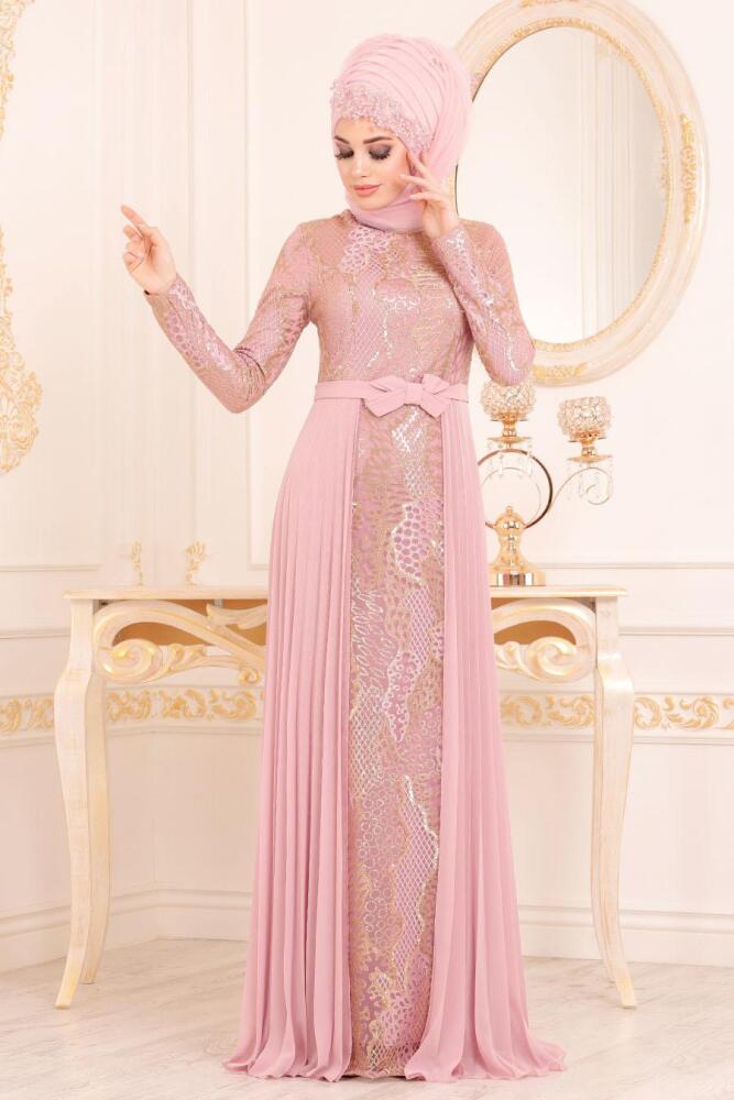 Rose Poudré-Tesettürlü Abiye Elbise - Robe de Soirée Hijab 8384PD - 1