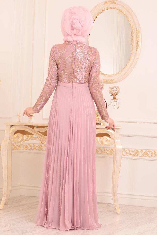 Rose Poudré-Tesettürlü Abiye Elbise - Robe de Soirée Hijab 8384PD - 3